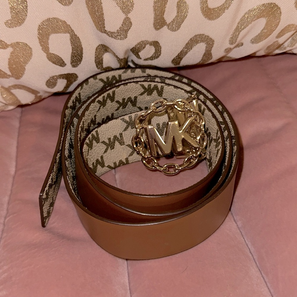 Michael Kors Brown Reversible Logo Belt with Gold MK Buckle
